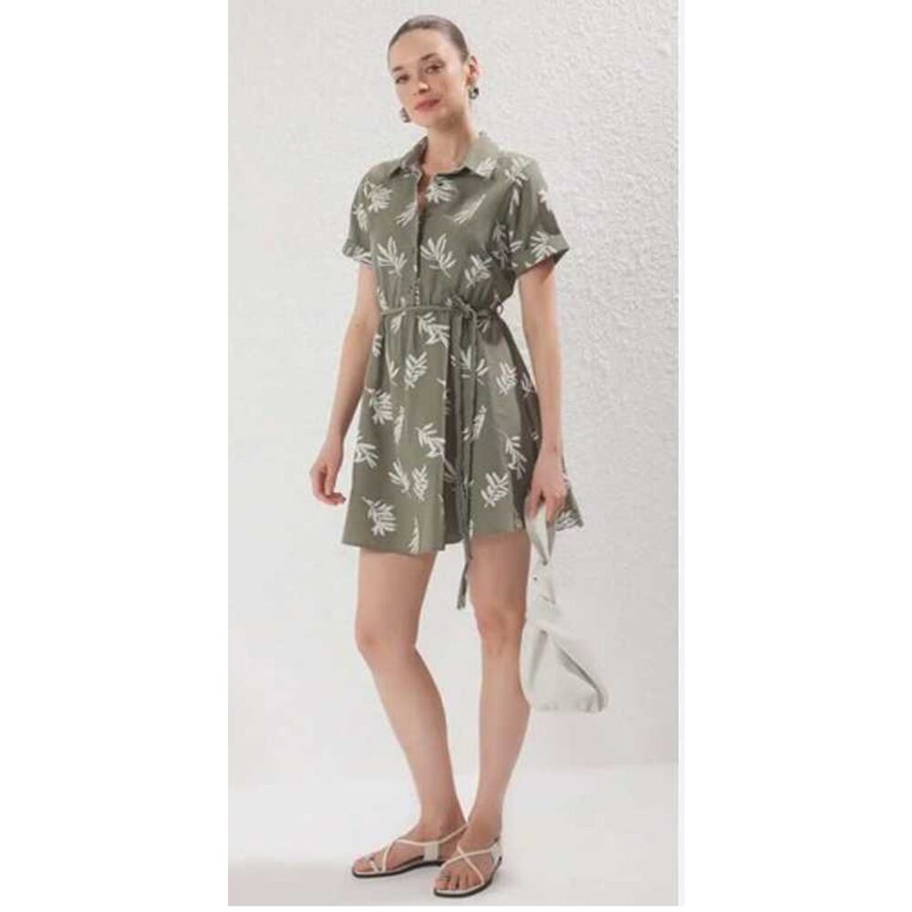 Zara rubberized leaf embroidery green shirt dress sz S